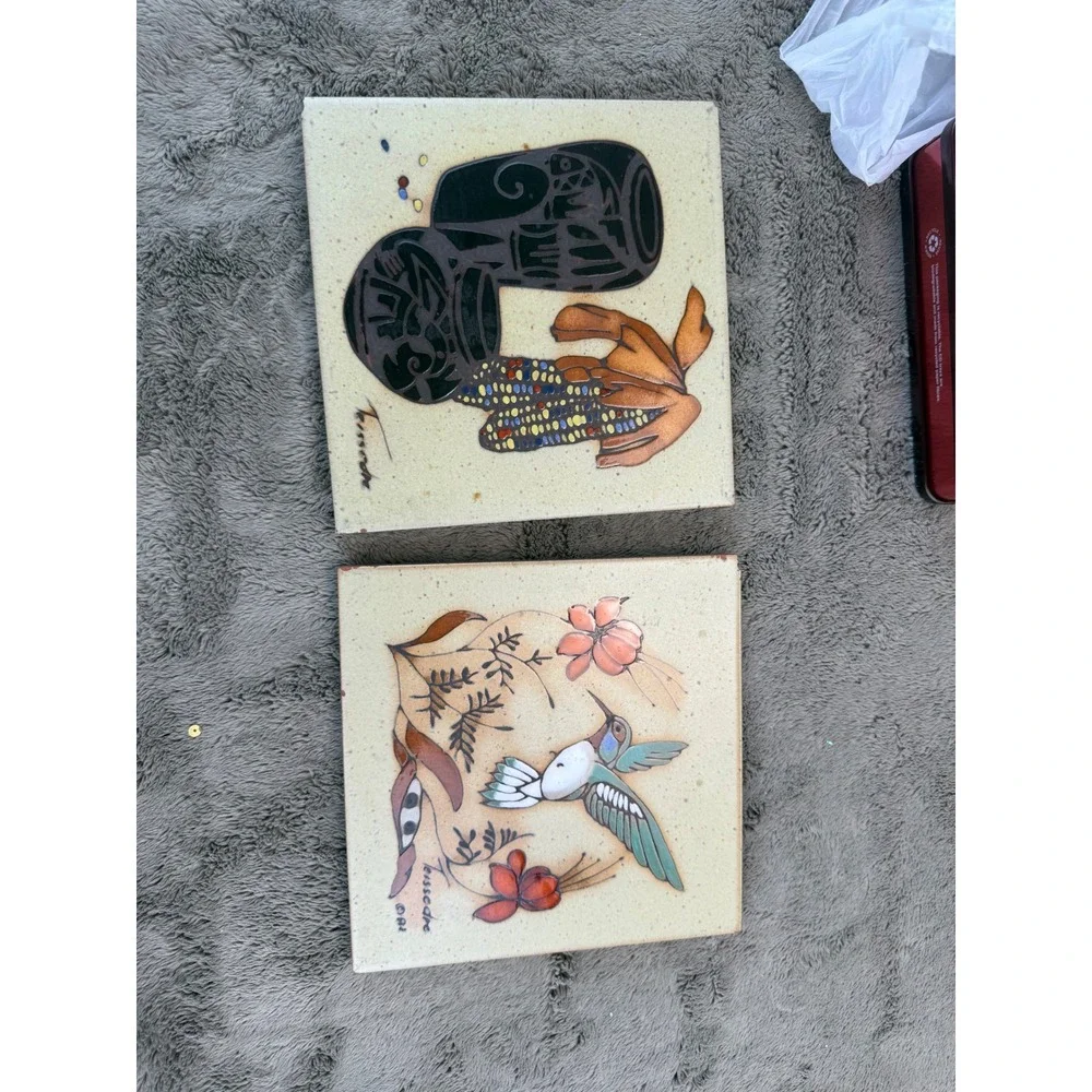 Cleo Teissedre Hand Painted Ceramic Tiles Set 2 Hummingbird Pottery Southwestern